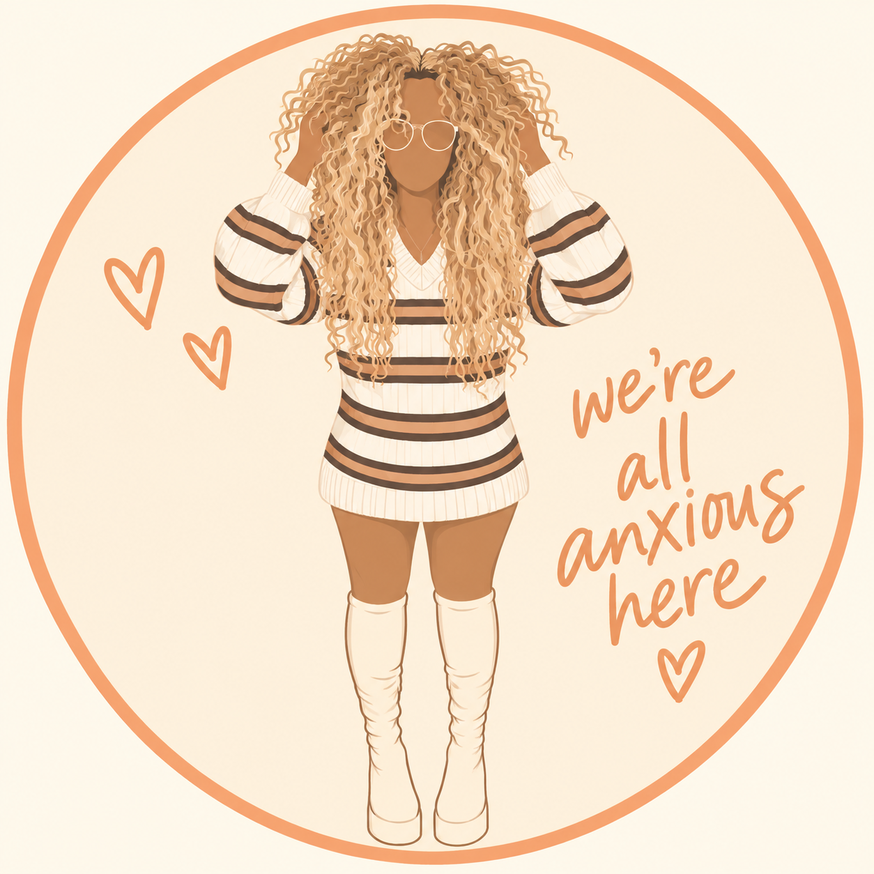 Illustration of Ash with curly blonde hair and glasses. The badge reads: We’re all anxious here.